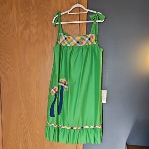 Vintage Green Midi Dress with Plaid MUSHROOM Accents